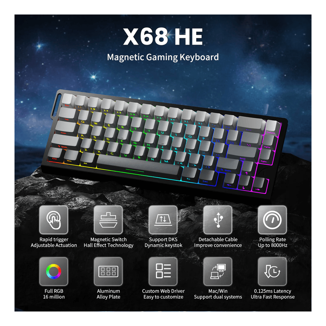 ATTACK SHARK X68 HE Rapid Trigger Keyboard Magnetic Switch Black Gradient
