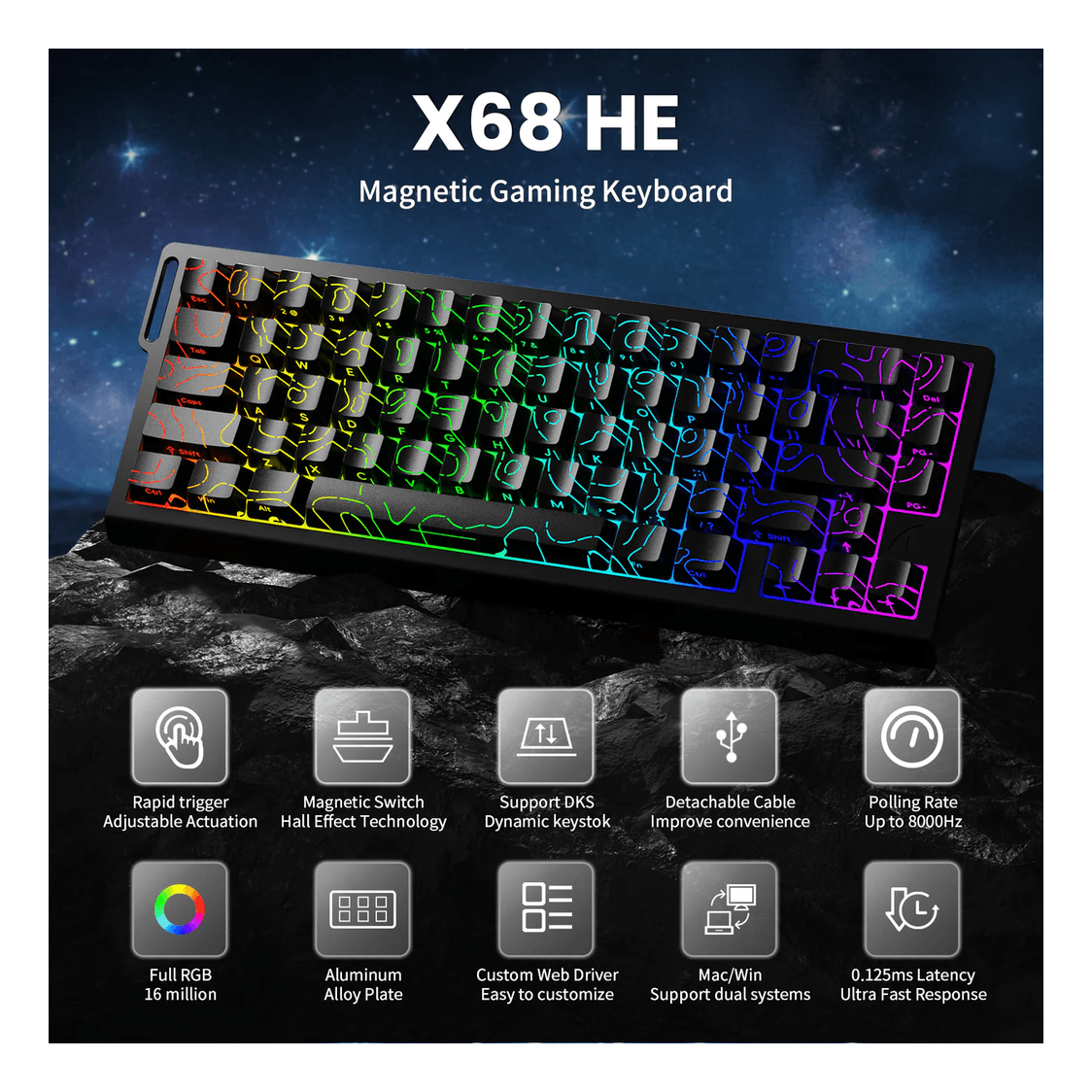 ATTACK SHARK X68 HE Rapid Trigger Keyboard Magnetic Switch  Black Contours
