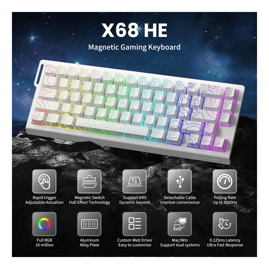 ATTACK SHARK X68 HE Rapid Trigger Keyboard Magnetic Switch White Contours
