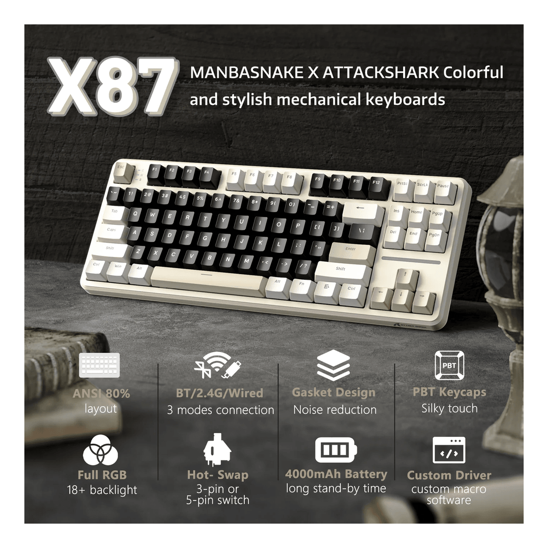 ATTACK SHARK X87 Tri-mode Gasket Mechanical Keyboard Cheese White