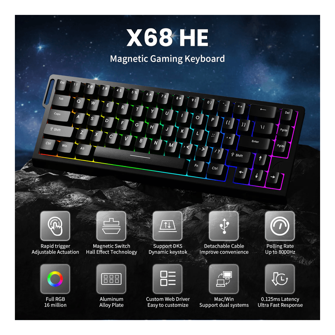 ATTACK SHARK X68 HE Rapid Trigger Keyboard Magnetic Switch Black